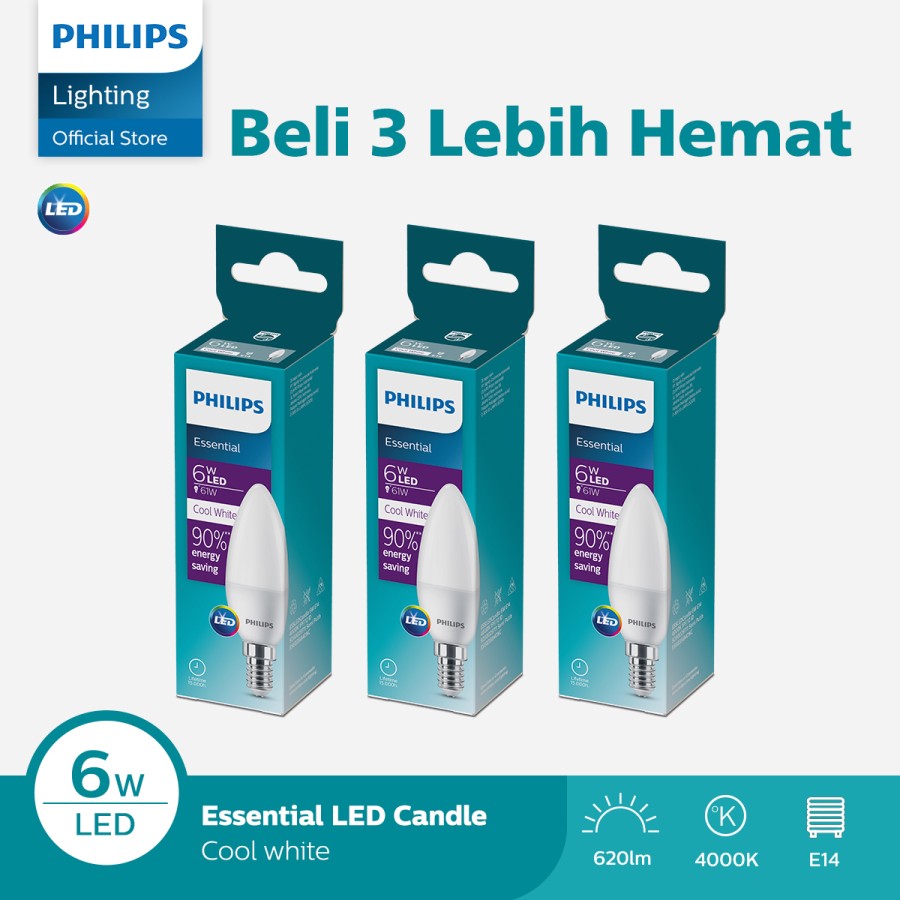 Paket Hemat 3X Lampu Philips Bohlam ESS LED Candle 6W E14 4000K Semi putih