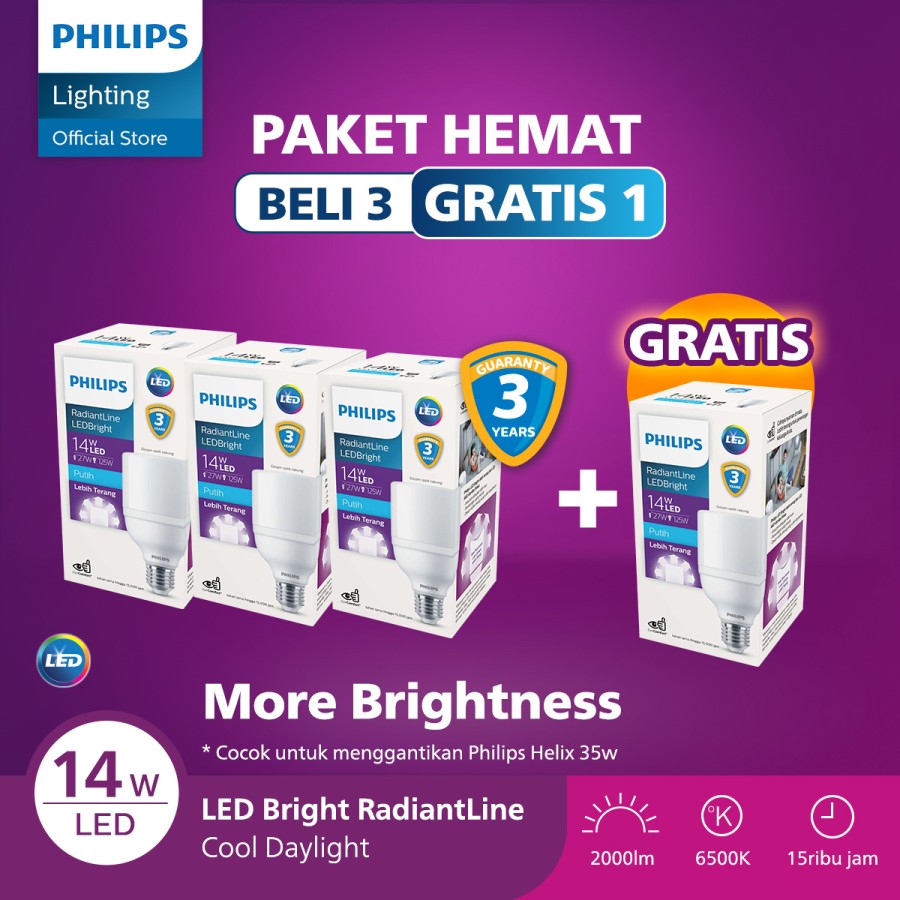 Beli 3 Gratis 1 Philips LED Bright RadiantLine 14W Putih