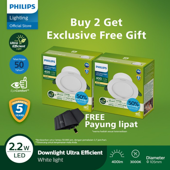 Beli 2 Philips Downlight Ultra Efficient 2.2W 30K Kuning Free Hadiah