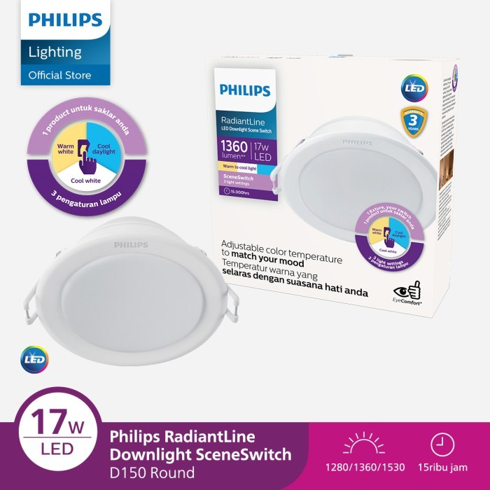 Beli 3 Dapat 4 Lampu Philips RadiantLine Downlight SceneSwitch 17W D150 3 Warna