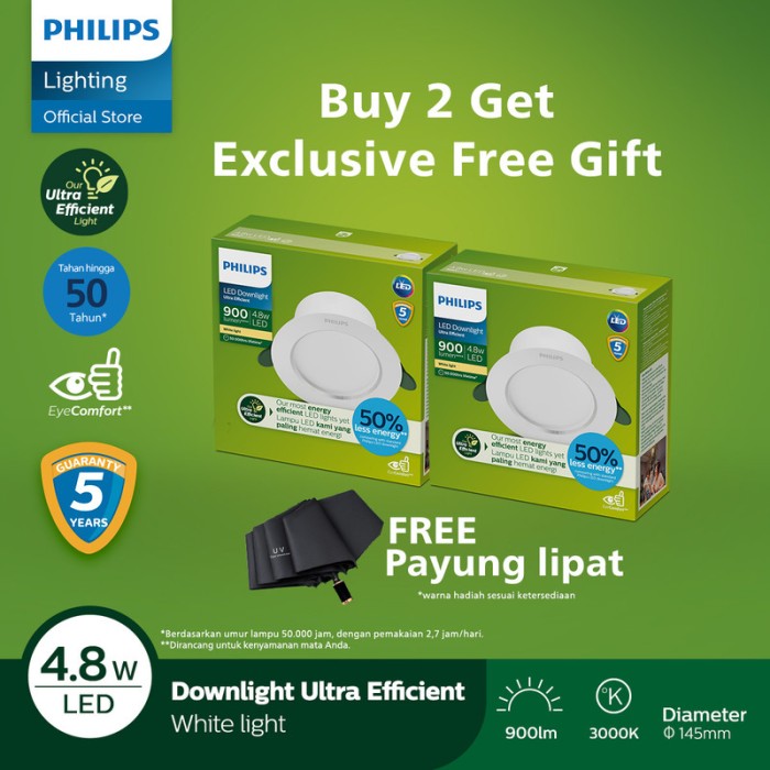 Beli 2 Philips Downlight Ultra Efficient 4.8W 30K Kuning Free Hadiah