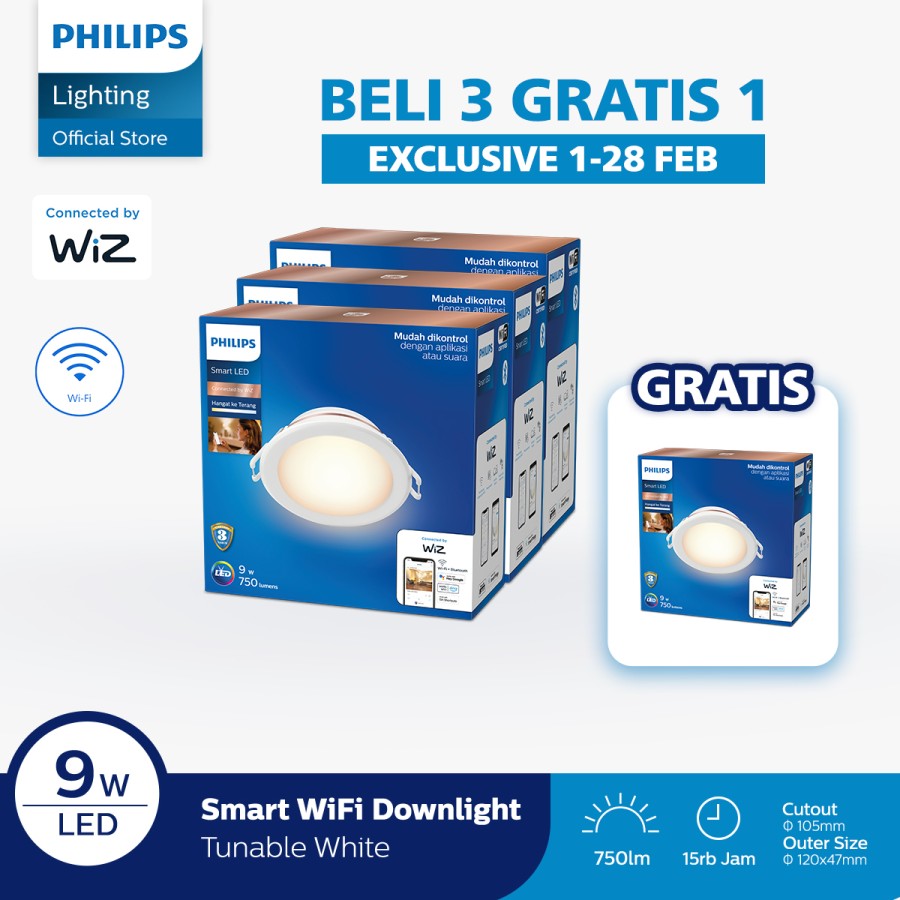 Promo Beli 3 Gratis 1 Philips Lampu Smart WiFi LED Downlight 9W D100 Tunable White