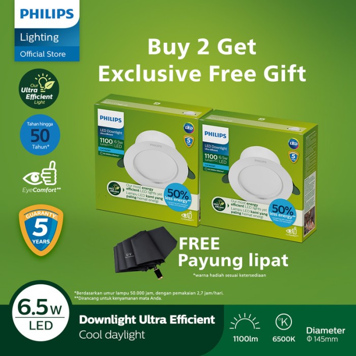Beli 2 Philips Downlight Ultra Efficient 6.5W 65K Putih Free Hadiah