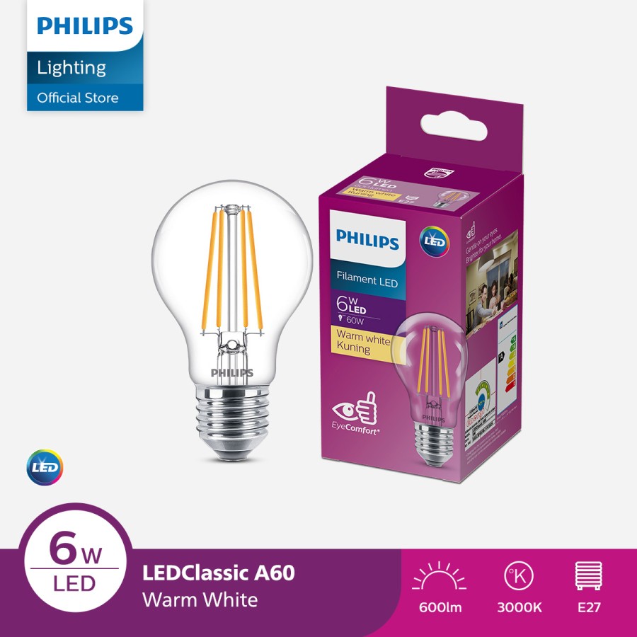 Lampu Philips Filament Bohlam LED 6W A60 E27 Kuning