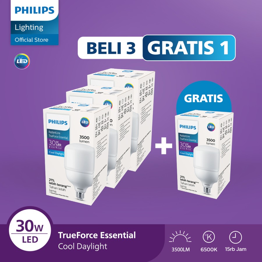 Beli 3 Gratis 1 Lampu Philips Bohlam Radiantline TrueForce Essential 30W Putih