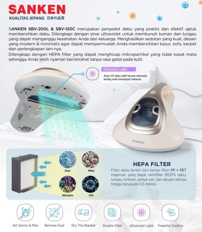 Sanken UV Anti Dust Mite Cordless Vacuum Cleaner SBV-200L HEPA Vakum