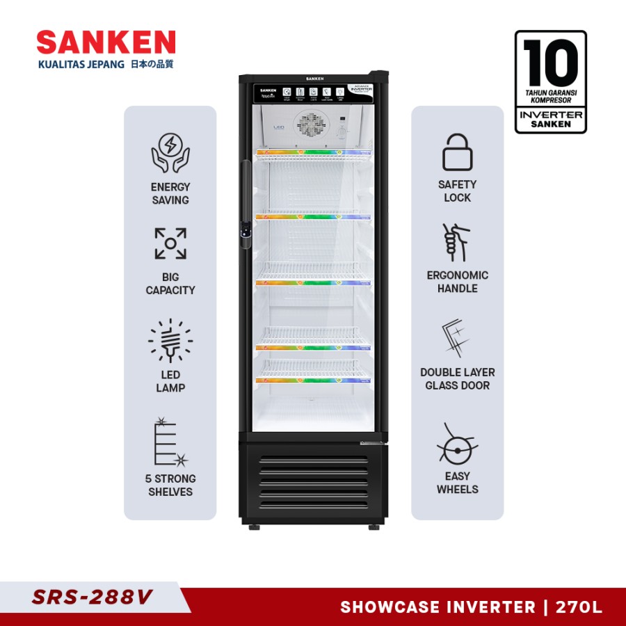 Sanken SRS-288V-BK Showcase Inverter Kapasitas 270 Liter Display Chiller 5 Rak
