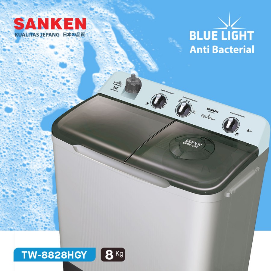 Sanken Mesin Cuci 2 Dua Tabung 8kg TW-8828HGY Blue Light Anti Bacterial