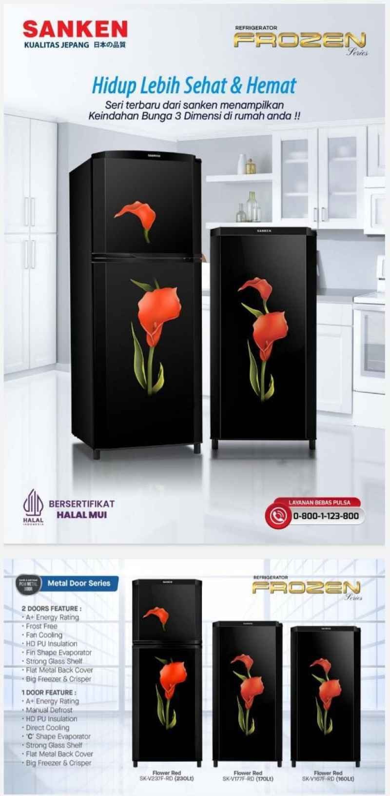 Sanken Kulkas 2 Pintu SK-V237F-RD Refrigerator 230 L