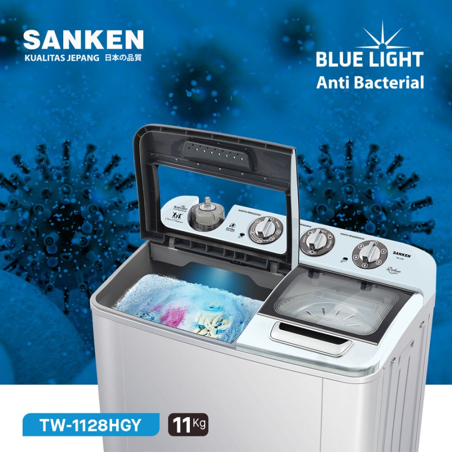 Sanken Mesin Cuci 2 Dua Tabung 11kg TW-1128HGY Blue Light Anti Bacterial