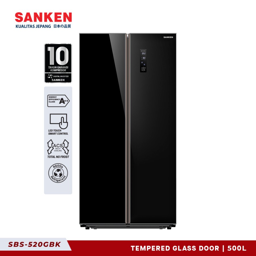 Sanken Kulkas 2 Pintu Side By Side SBS-520GBK Lemari Es Inverter Tempered Glass