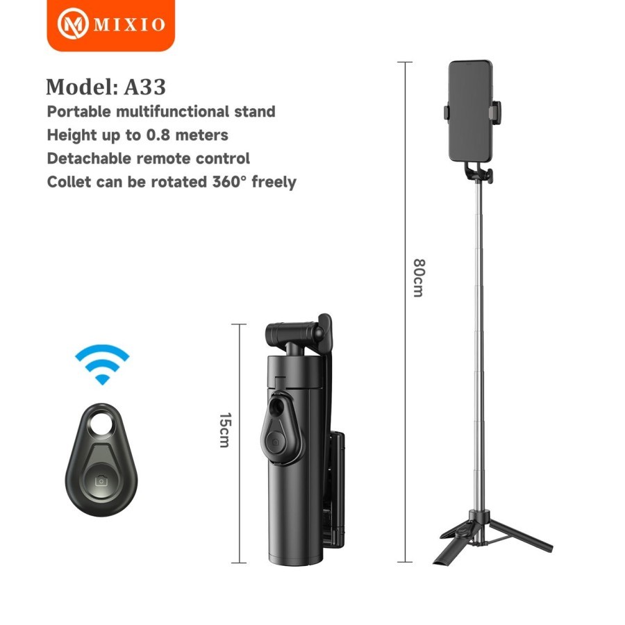 MIXIO A33 80CM Tongsis Bluetooth Selfie Stick Tripod Super Mini for Smartphone