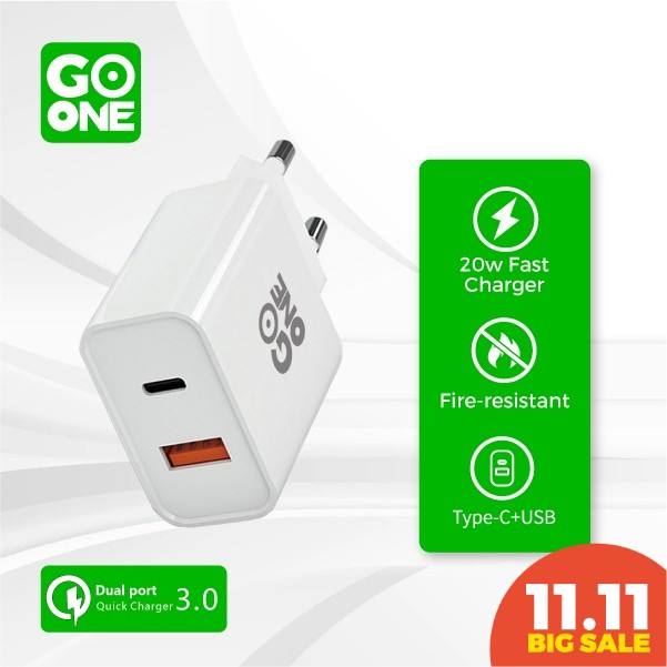 GOONE Kepala Charger Dual Port 20W Dual Port USB + Type-c Fast Charger