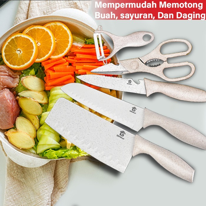 GM Bear Pisau Dapur Set isi 5pcs 1137-Kitchen Knife Set Beige