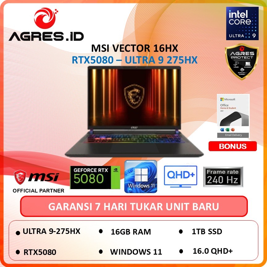 MSI VECTOR 16 HX RTX5080 AI ULTRA 9-275HX 16GB 1TB W11 16" 240Hz