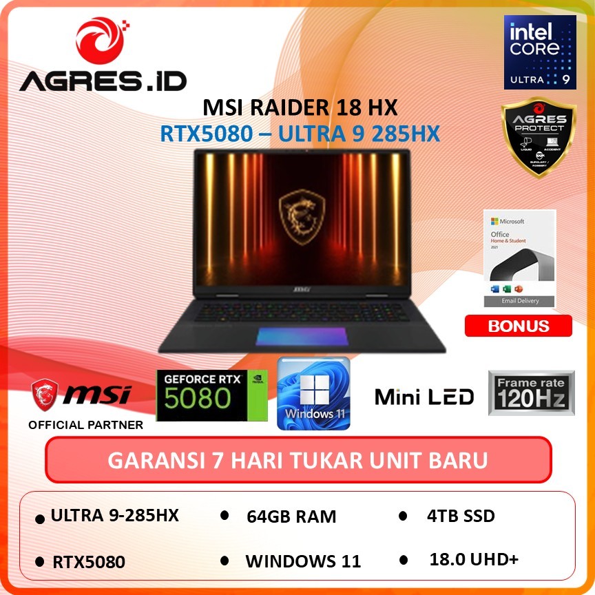 MSI RAIDER 18 HX RTX5080 AI ULTRA 9 285HX 64GB 4TB W11 18" MINILED