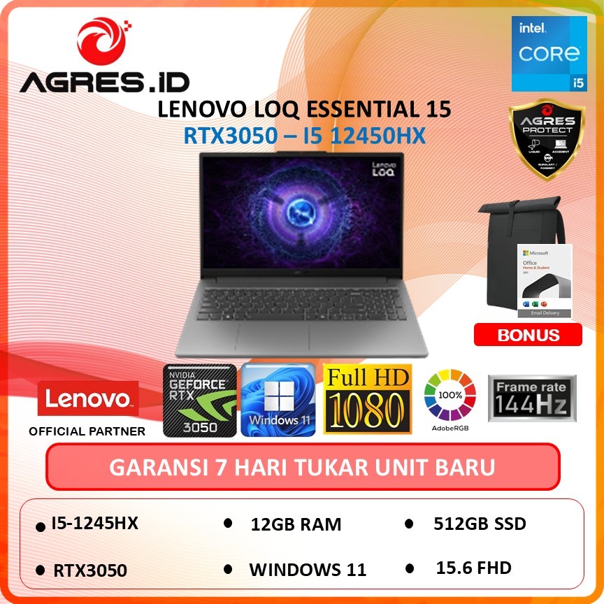 LENOVO LOQ ESSENTIAL 15 RTX3050 I5-12450HX 12GB 512GB W11+OHS 15" 100srgb