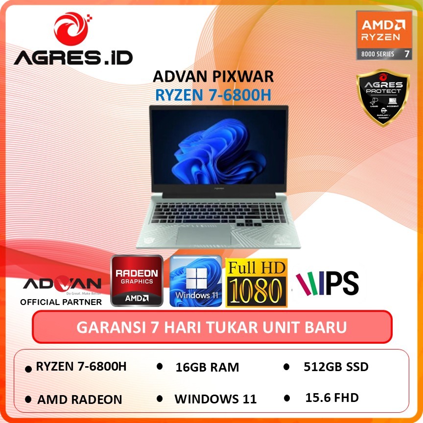 Laptop ADVAN PIXWAR RYZEN 7-6800H 16GB 512GB W11 15" FHD IPS