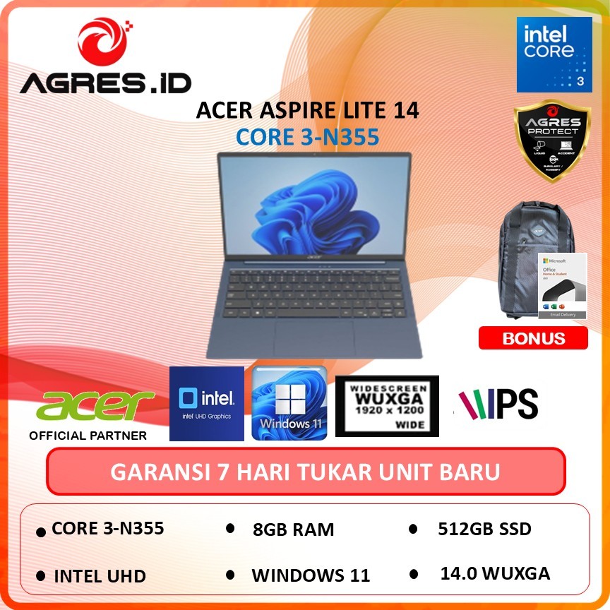 ACER ASPIRE LITE 14 AL14 CORE 3 N355 8GB 512GB W11+OHS 14"WUXGA
