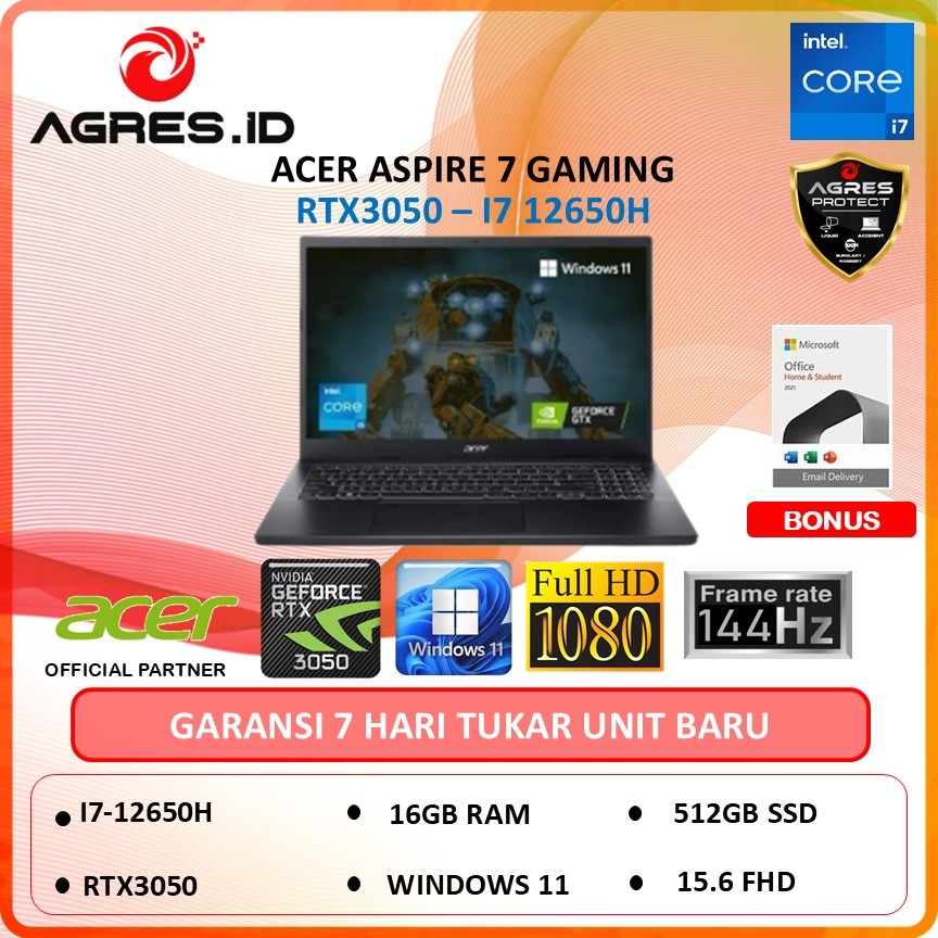 ACER ASPIRE 7 GAMING A715 RTX3050 I7 12650H 16GB 512GB w11+ohs 15"