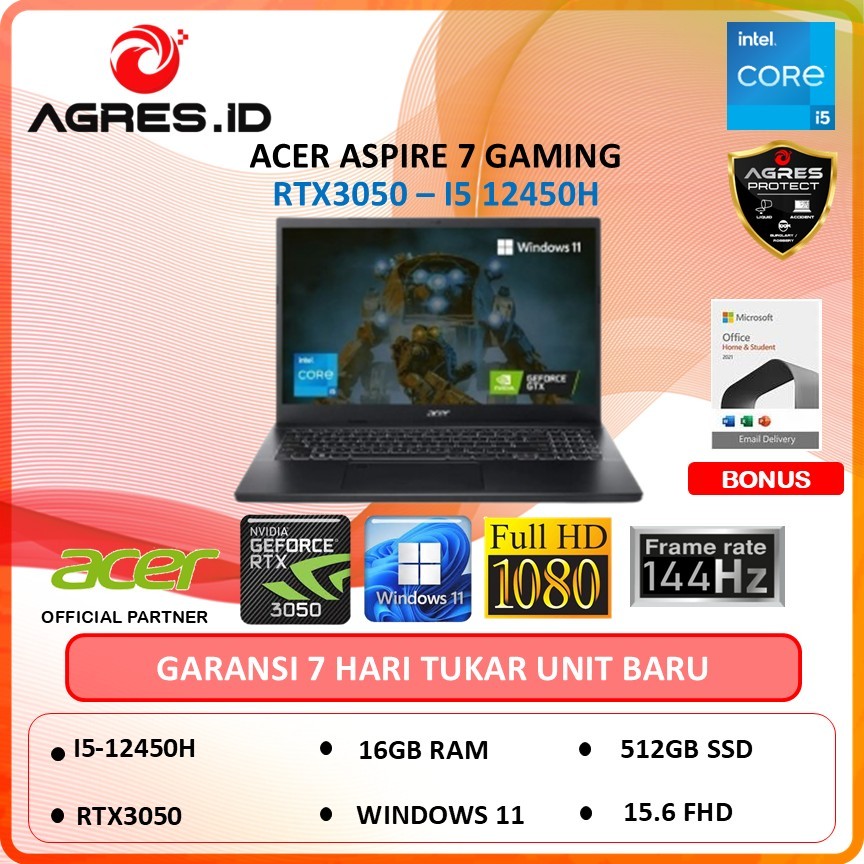 ACER ASPIRE 7 GAMING A715 RTX3050 I5 12450H 8GB 512GB w11+ohs 15"