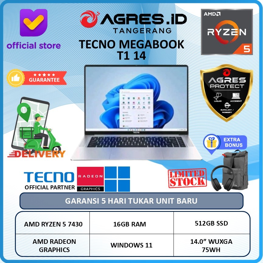 TECNO MEGABOOK T1 14 RYZEN 5 7430U 16GB 512GB W11 14.0" WUXGA 75WH