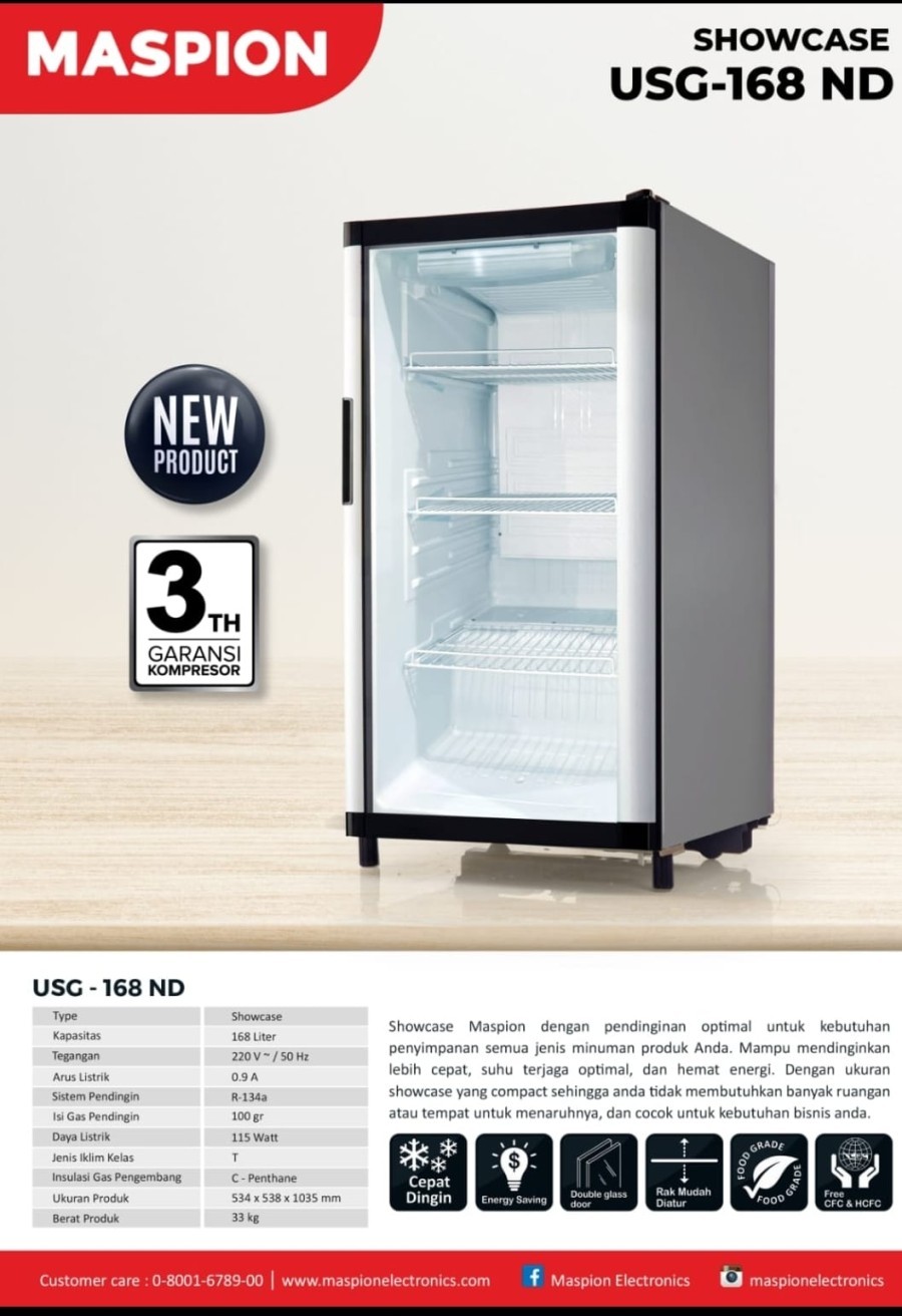 Maspion Showcase USG168ND USG 168 ND Lemari Pendingin 168 L Garansi