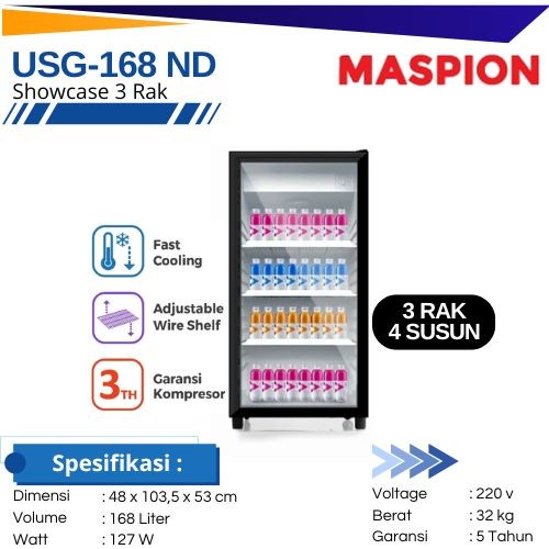 Maspion Showcase USG168ND USG 168 ND Lemari Pendingin 168 L Garansi