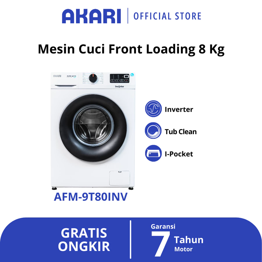 AKARI Mesin Cuci Front Loading Inverter Hemat AFM-9T80INV Putih Termurah