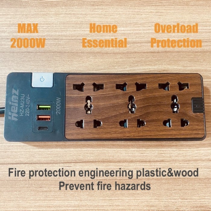 Heinz M23 Wooden Power Strip Stop Kontak 6 Power Socket 3 USB Port 2M