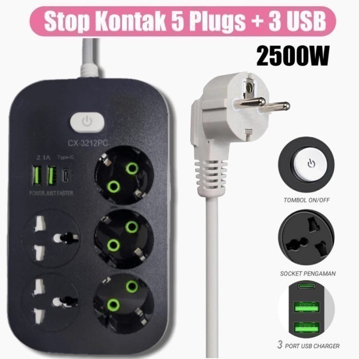 Lucky Hawk F01U 2M Power Strip Stop Kontak 4 Power Socket 3 USB Port