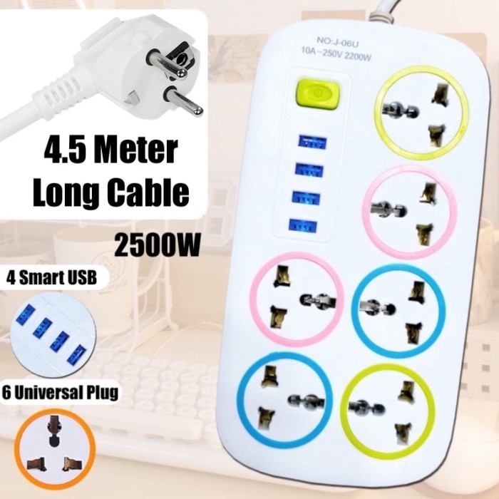 Heinz J06 Smart Power Strip Stop Kontak 6 Power Socket 4 USB Port 4.5M