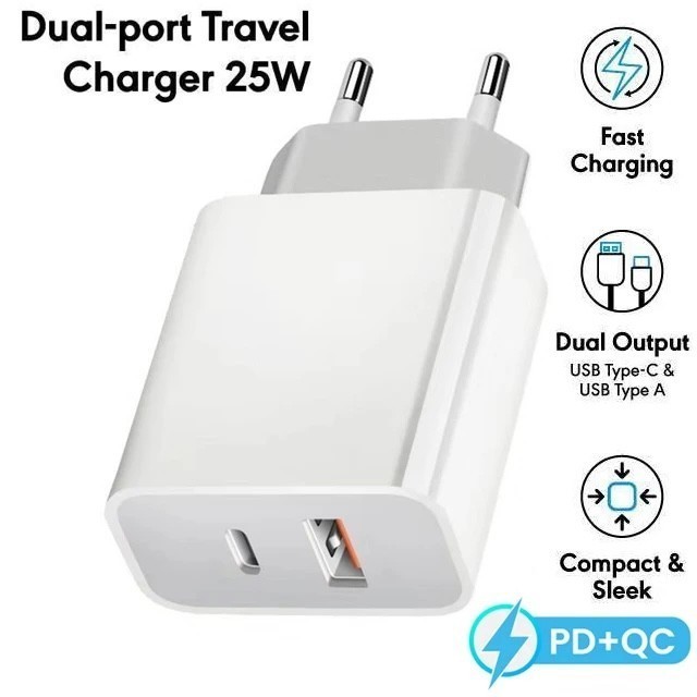 Charger Adaptor Dual Port USB Kepala Charger 25W PD QC 3.0 Fast Charging