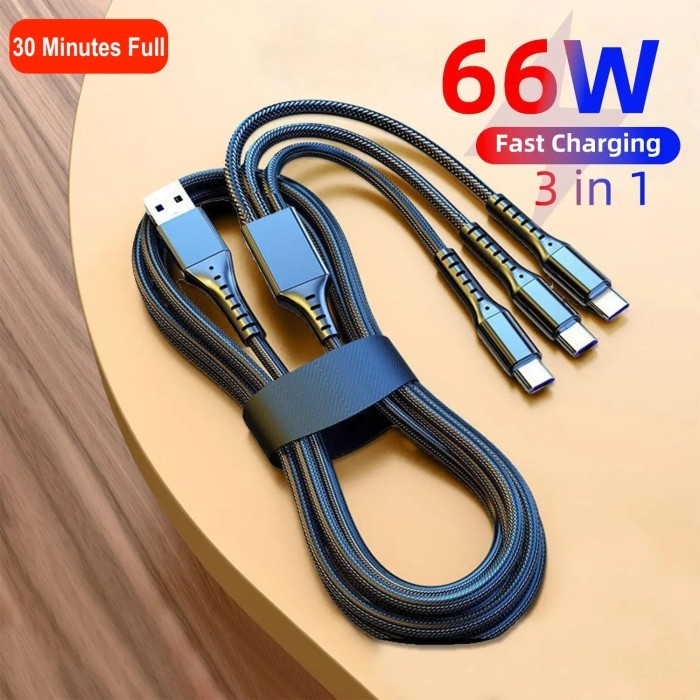 66W Maxi 6A Cable Data 3 in 1 Super Fast Charge iphone Type C MicroUSB