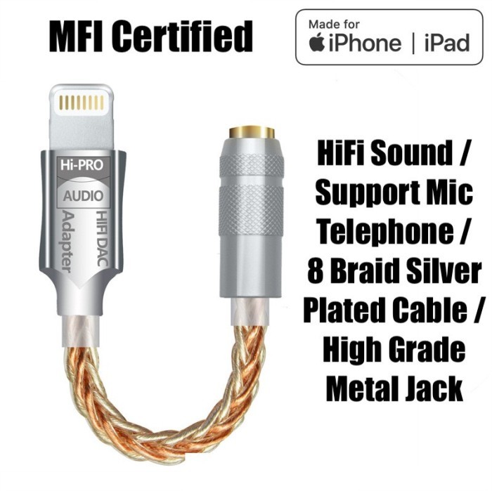 MFi Certified HiFi Converter Lightning to 3.5mm Dac Adapter iPhone Mic - HighEnd Silver