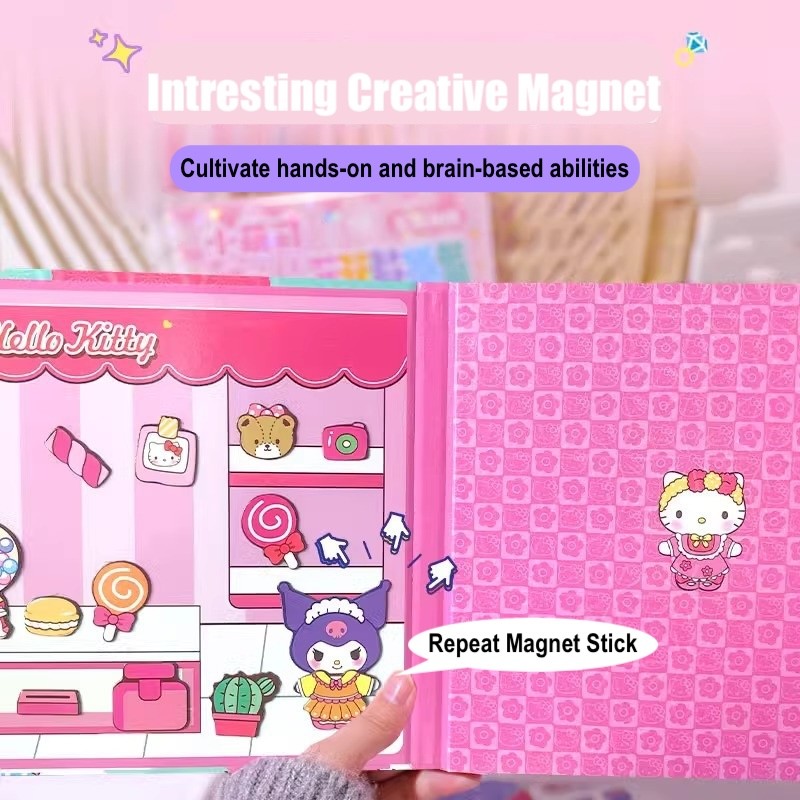 Quiet Book New Generation Magnet DIY Buku Mainan Stiker Sanrio Theme Repeat Use Hello Kitty Kuromi Melody Cinnamoroll Pochacco Pompompurin