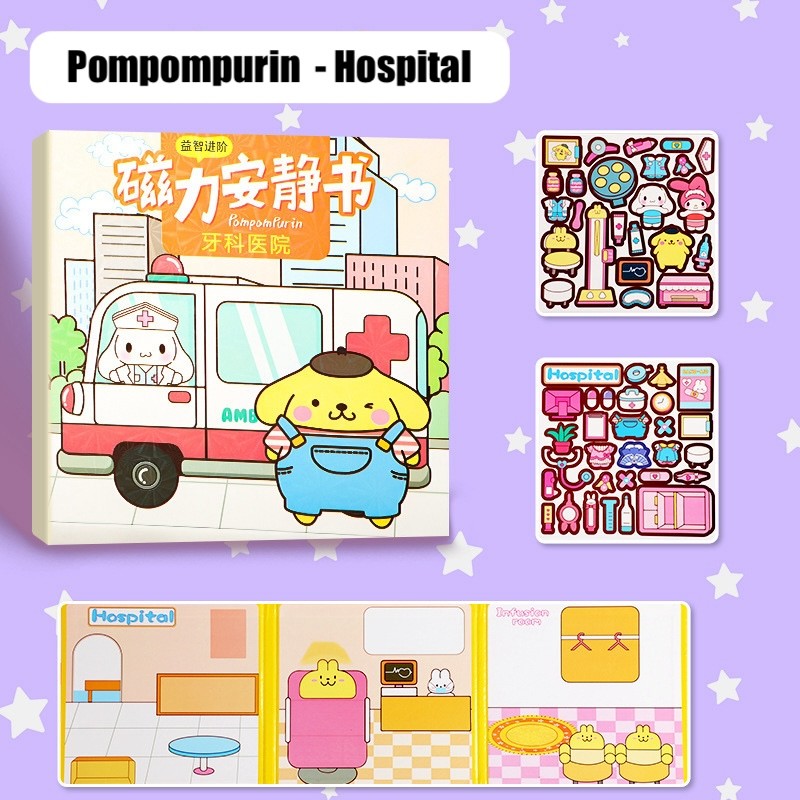 Quiet Book New Generation Magnet DIY Buku Mainan Stiker Sanrio Theme Repeat Use Hello Kitty Kuromi Melody Cinnamoroll Pochacco Pompompurin