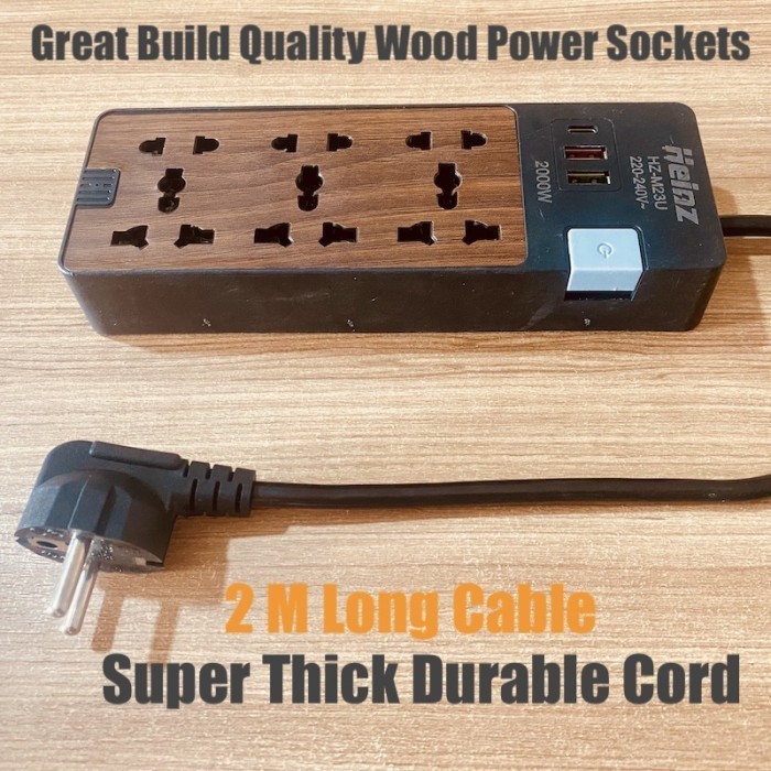 Heinz M23 Wooden Power Strip Stop Kontak 6 Power Socket 3 USB Port 2M