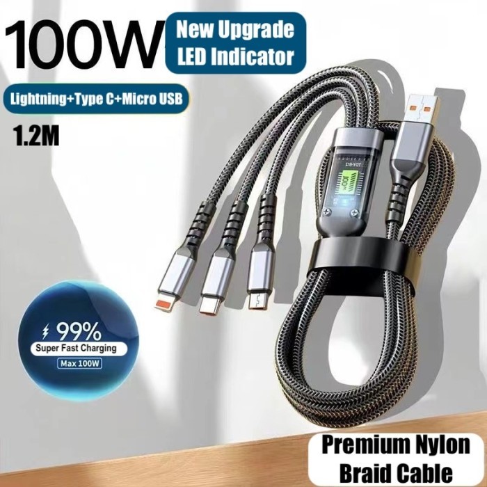 100W Maxi Cable Data 3 in 1 Super Fast Charge iphone Type C Micro USB With Led Lampu