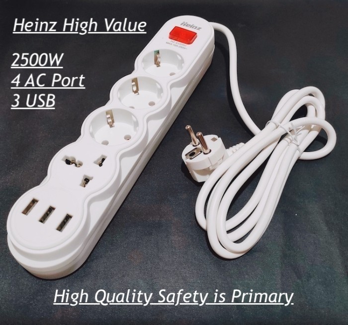 Heinz HighValue 1.8M Power Strip Stop Kontak 4 Power Socket 3 USB Port