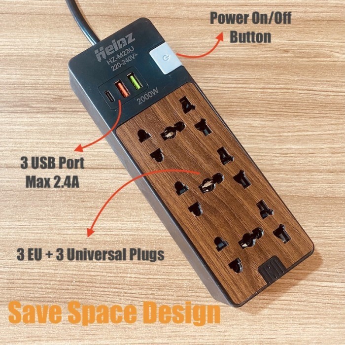 Heinz M23 Wooden Power Strip Stop Kontak 6 Power Socket 3 USB Port 2M