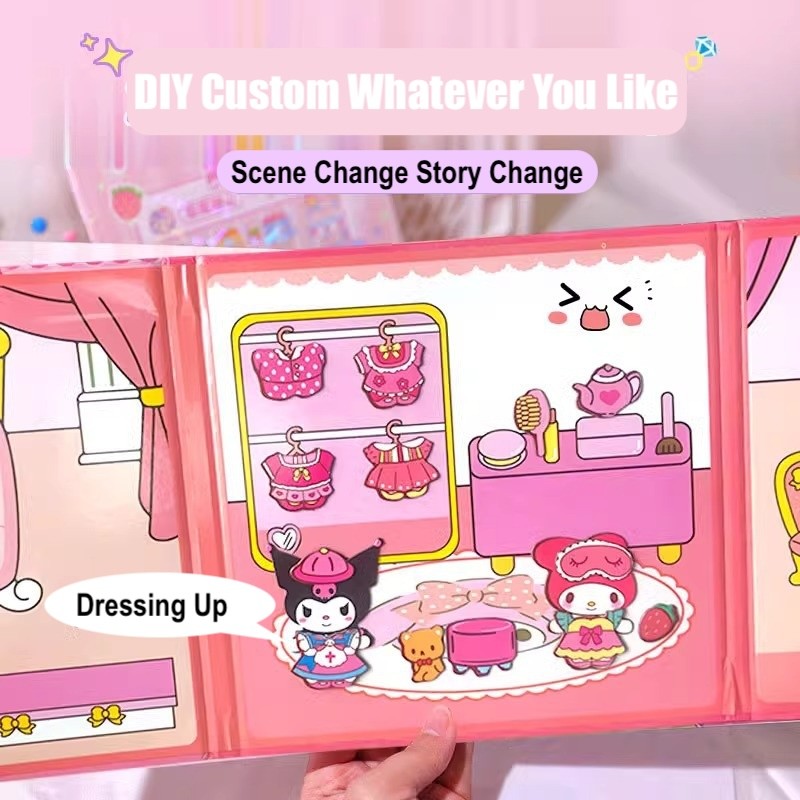 Quiet Book New Generation Magnet DIY Buku Mainan Stiker Sanrio Theme Repeat Use Hello Kitty Kuromi Melody Cinnamoroll Pochacco Pompompurin