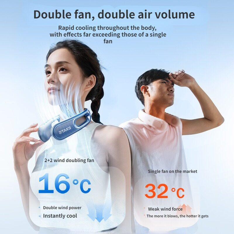 Premium Rtako Ice Cool Neck Fan Kipas Angin Leher Portable Strong Wind Durable Battery