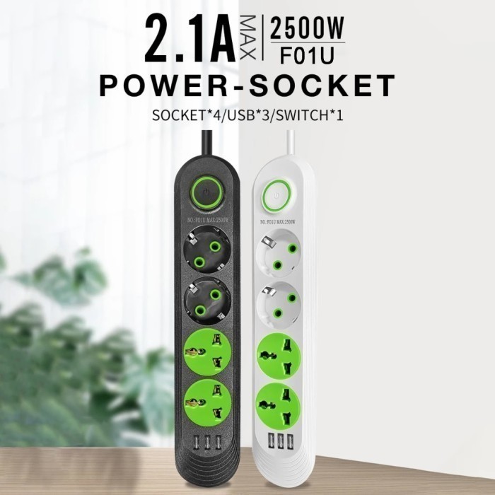 Lucky Hawk F01U 2M Power Strip Stop Kontak 4 Power Socket 3 USB Port