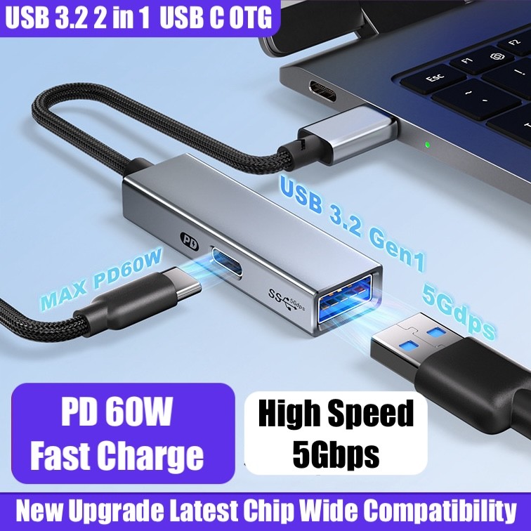 New Upgrade USB 3.2 Type C OTG Adapter 2 in 1 With 60W PD Fast Charging USB Hub