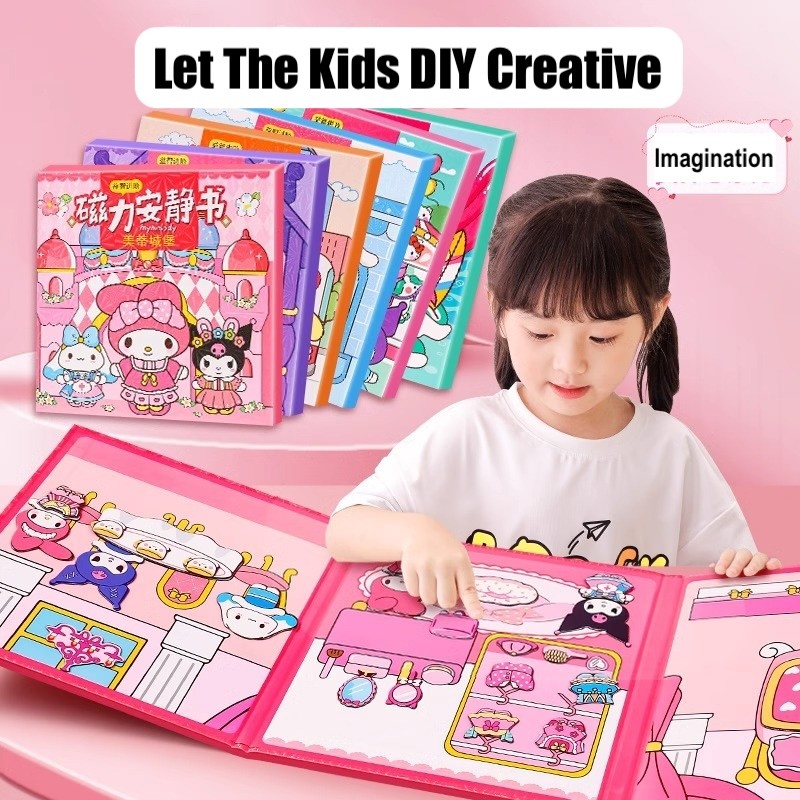 Quiet Book New Generation Magnet DIY Buku Mainan Stiker Sanrio Theme Repeat Use Hello Kitty Kuromi Melody Cinnamoroll Pochacco Pompompurin