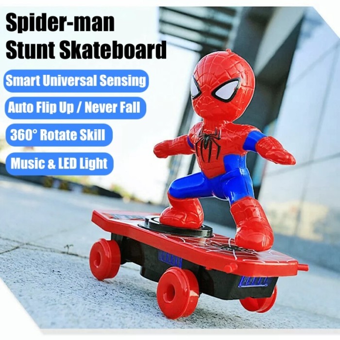 Mainan Tumbler Spiderman Stunt Skateboard Electric Toys 360° Rotate With Music Light
