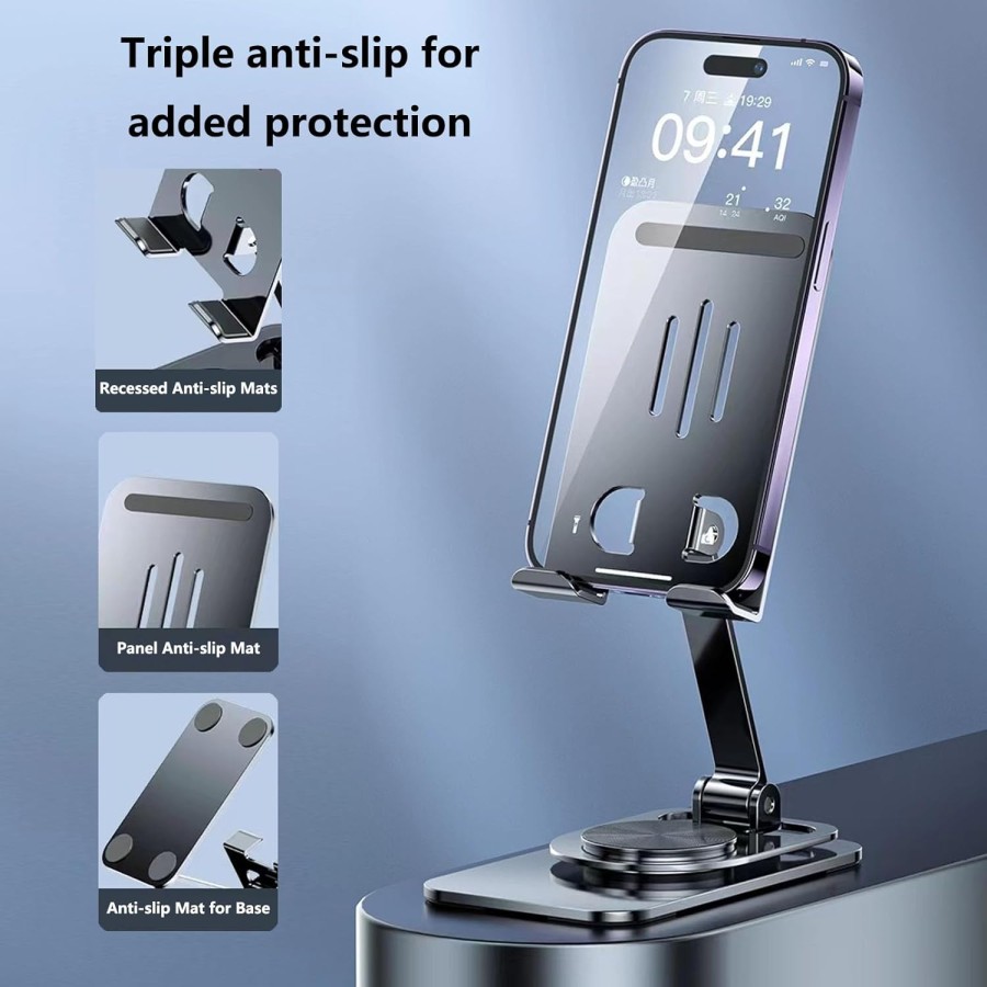 Premium Full Metal Carbon Steel Foldable Phone Holder Tablet Stand Rotate - Non Rotate
