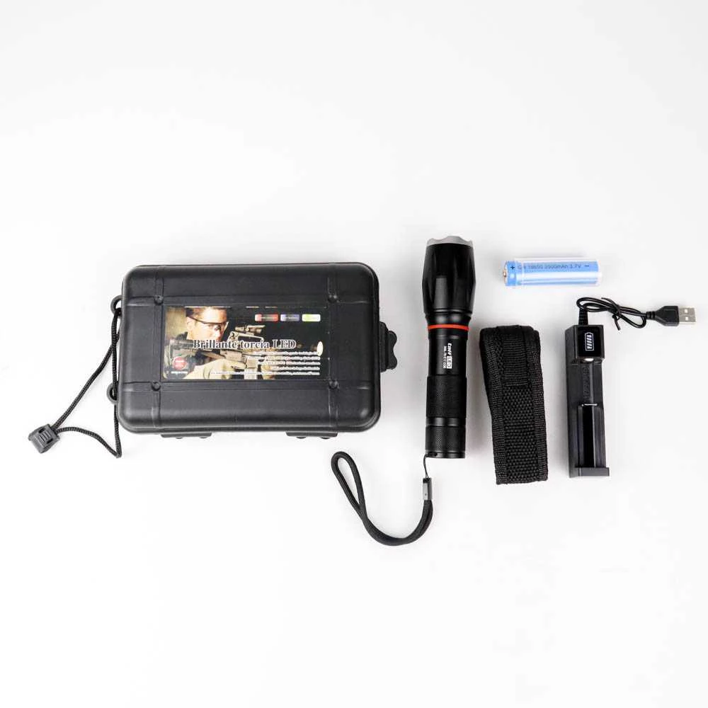 Senter Lampu FlashLight T6 Black Paket Murah komplit . Senter cas T6 . Batere cas