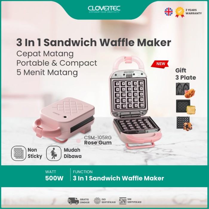 CLOVERTEC Sandwich Waffle & Pancake Maker 3in1 plates CSM-105RG Rose Gum